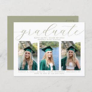 Elegant Sage Script Minimalist Graduation 3 Photo Invitation Postcard