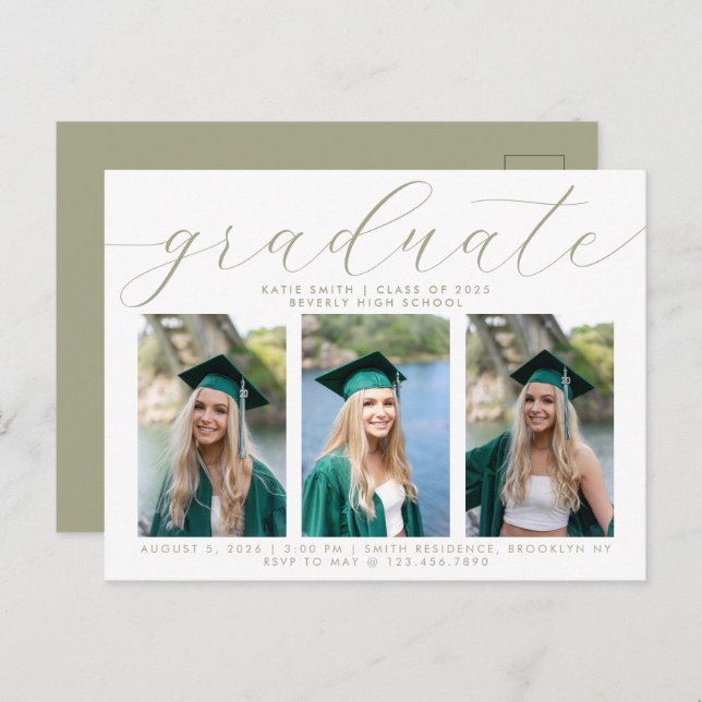 Elegant Sage Script Minimalist Graduation 3 Photo Invitation Postcard (Front/Back)