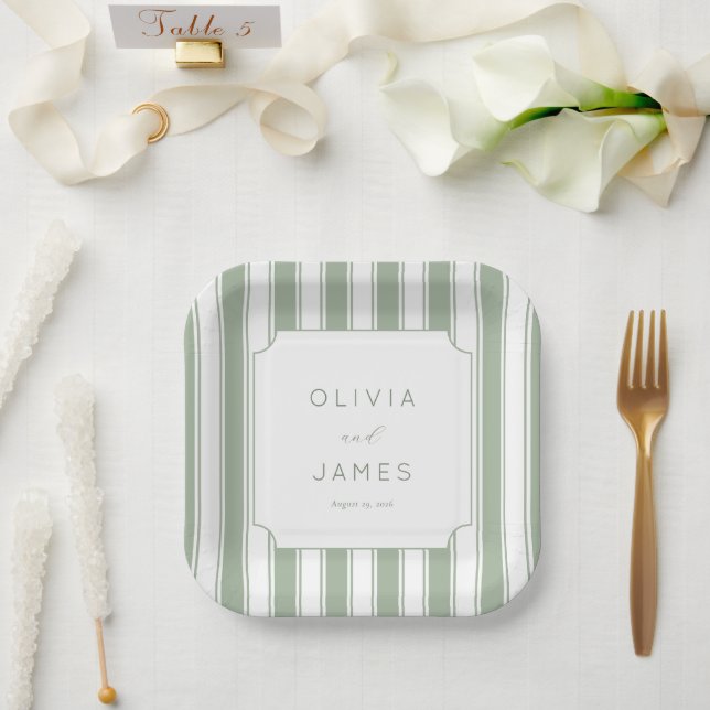 Elegant Sage Stripes Paper Plate (Wedding)