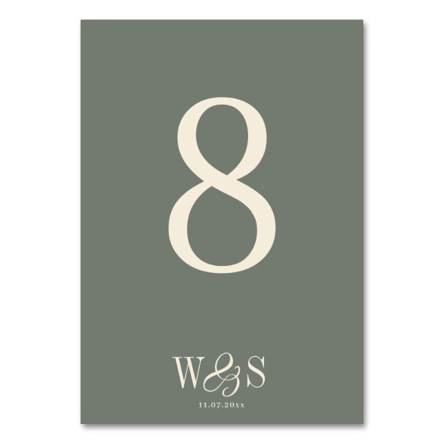 Elegant Sage wedding couples initials Table Number (Back)