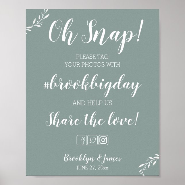 Elegant Sage Wedding Hashtag Sign 8x10 (Front)