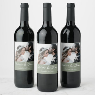 Elegant Sage & White Calligraphy Photo Wedding  Wine Label