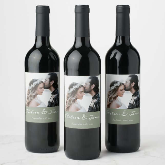 Elegant Sage & White Calligraphy Photo Wedding  Wine Label (Bottles)