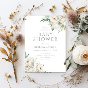 Elegant Sage & White Floral Baby Shower Invitation