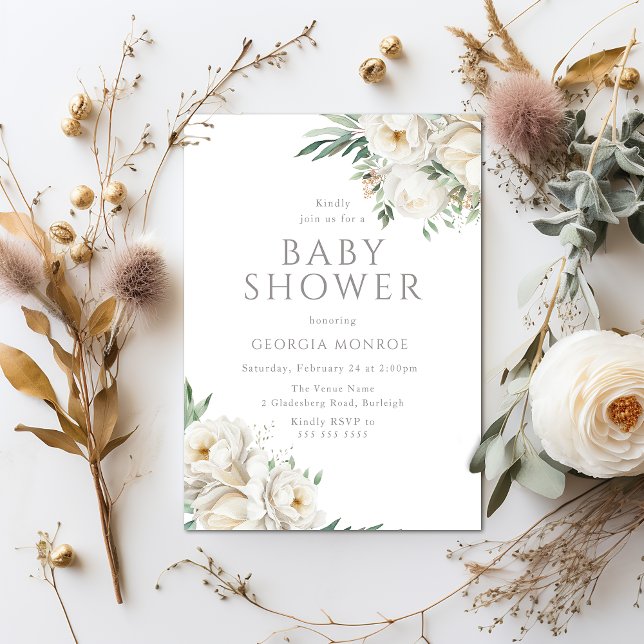 Elegant Sage & White Floral Baby Shower Invitation (Creator Uploaded)