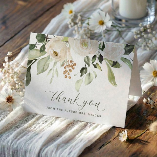 Elegant Sage White Flowers Bridal Shower Wedding Thank You Card (Elegant script bridal shower thank you cards with watercolor greenery and white florals)