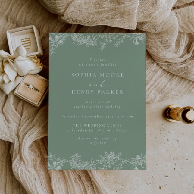 Elegant Sage & White Vintage Chinoiserie Wedding Invitation (Creator Uploaded)