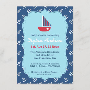 Elegant Sailboat Anchor Blue Nautical baby shower Invitation
