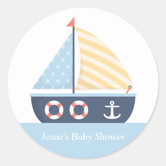 Elegant Sailboat Nautical Baby Shower Classic Round Sticker (Front)