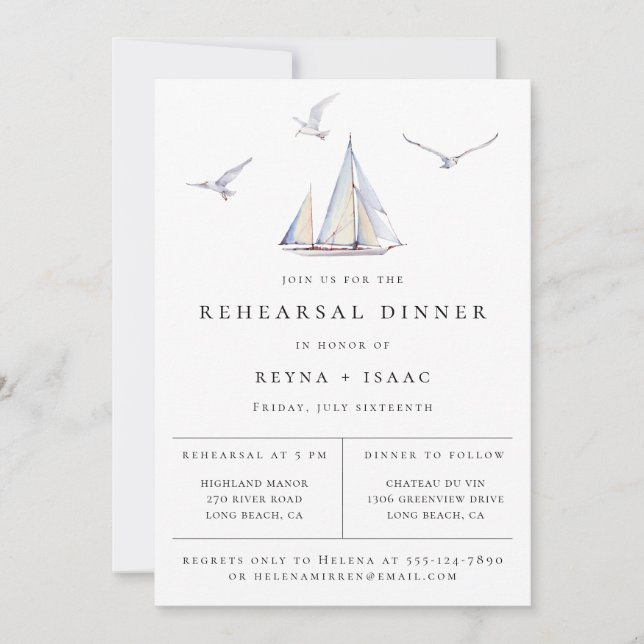 Elegant Sailboat Nautical Rehearsal Dinner Announcement (Front)