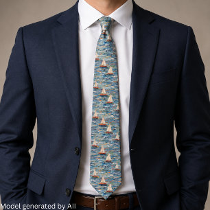 Elegant Sailboat Painting - Nautical Aesthetic Tie