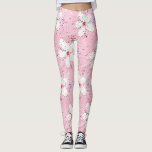 Elegant sakura cherry blossom pink floral pattern leggings
