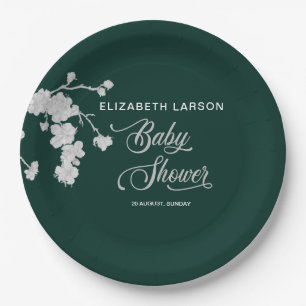 Elegant Sakura Cherry Blossoms Baby Shower Green Paper Plate