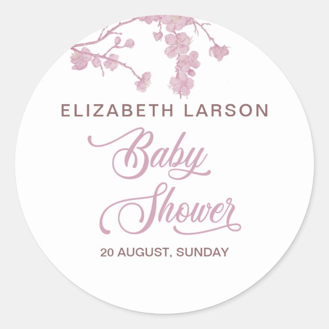 Elegant Sakura Cherry Blossoms Baby Shower White Classic Round Sticker (Front)