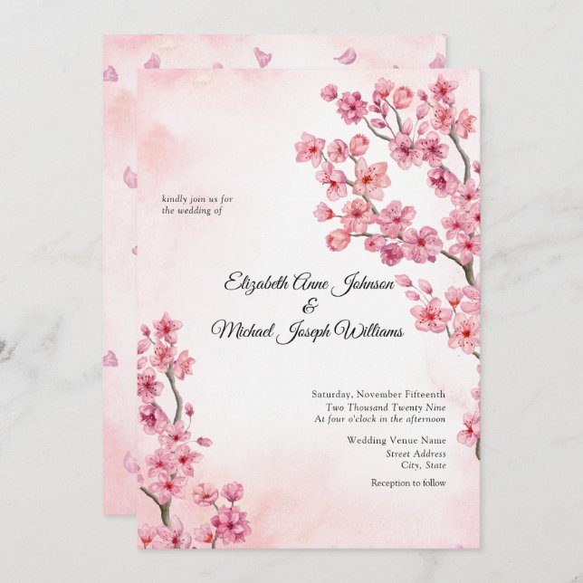 Elegant Sakura Pink Cherry Blossom Floral Wedding Invitation (Front/Back)