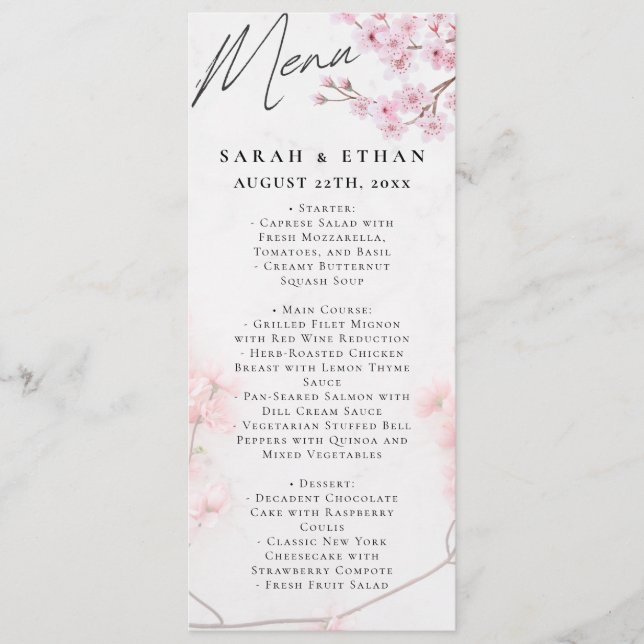 Elegant Sakura Pink floral Cherry Blossom Wedding Menu (Front)