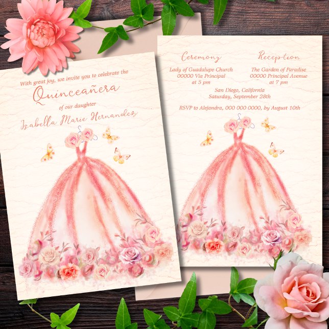Elegant Salmon Floral Butterflies Quinceañera  Invitation (Creator Uploaded)