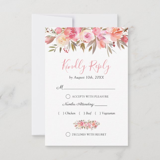 Elegant Salmon Pink Floral Wedding RSVP Card (Front)