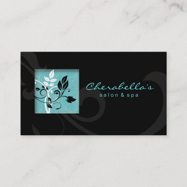 Elegant Salon Spa Floral Business Card Black Blue (Front)