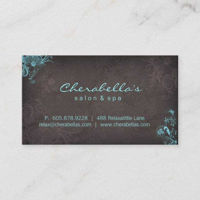Elegant Salon Spa Floral Butterfly Blue Brown Business Card (Front)
