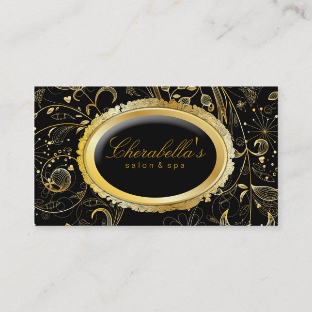 Elegant Salon Spa Floral Gold Black Business Card (Front)