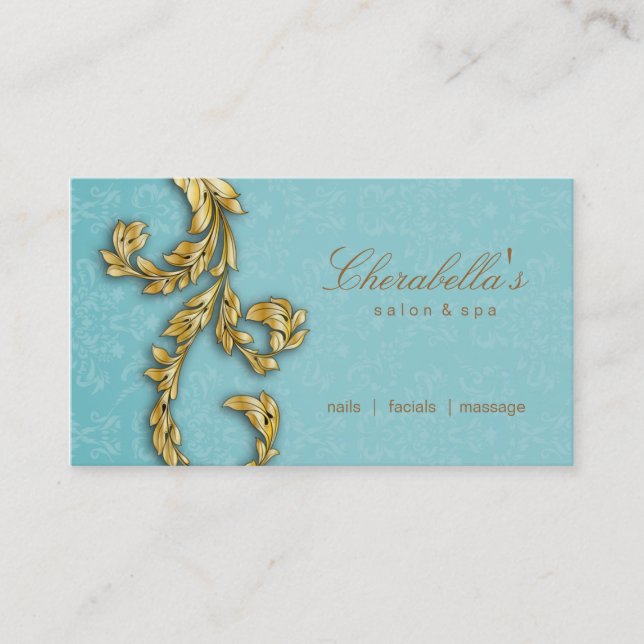 Elegant Salon Spa Floral Gold Leaf Blue Business Card (Front)