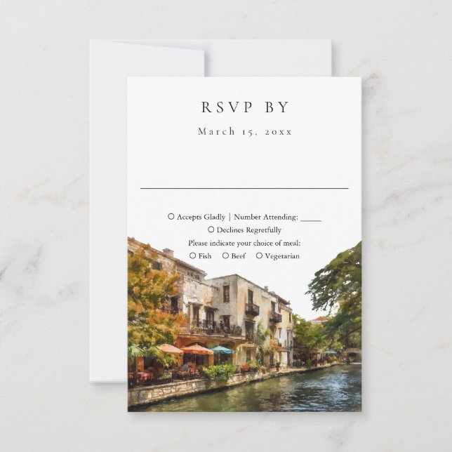 Elegant San Antonio Watercolor Wedding RSVP Card (Front)