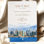 Elegant San Diego, California Save-the-Date Invitation<br><div class="desc">Announce your upcoming wedding with this sophisticated Save-the-Date invitation featuring the stunning skyline of San Diego, California. The card showcases a beautiful watercolor illustration of San Diego’s vibrant cityscape, set against the backdrop of the serene Pacific Ocean and majestic mountains. The text is elegantly presented in a mix of classic...</div>