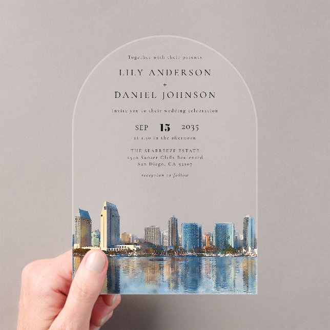 Elegant San Diego Skyline Watercolor Wedding Arch Acrylic Invitations (Insitu (Handheld))
