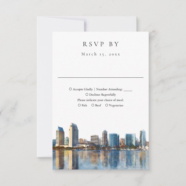 Elegant San Diego Skyline Watercolor Wedding RSVP Card (Front)