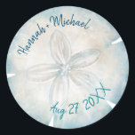 Elegant Sand Dollar Name Beach Wedding Classic Round Sticker<br><div class="desc">Create your own unique sand dollar beach wedding stickers to use on your guest favours/gifts, or as elegant envelope seals to accent your tropical invitations... The beautiful watercolor artwork created by Raphaela Wilson depicts a single sand dollar shell in popular nautical shades of deep ocean blue, light teal, and ivory...</div>