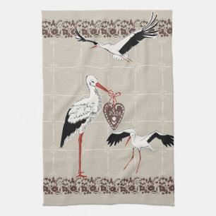 Elegant Sandbeige & Cocoa Folk Stork 2026 Calendar Tea Towel
