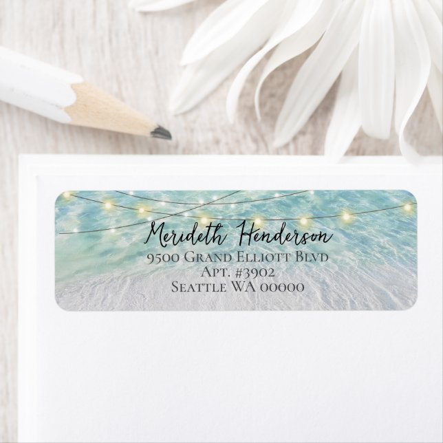 Elegant Sandy Beach SeaGlass Lights Script Wedding (Insitu)