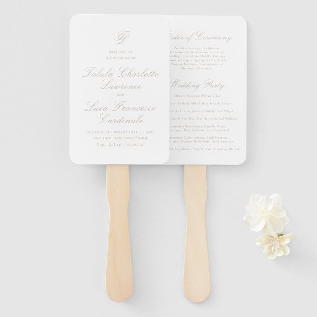 Elegant Sandy Neutral Traditional Wedding Program Hand Fan (Front and Back)