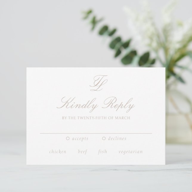 Elegant Sandy Neutral Traditional Wedding RSVP Card (Standing Front)