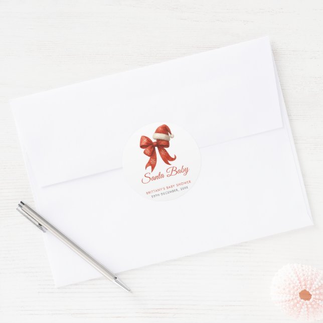 Elegant Santa Baby Shower Red Bow Christmas Classic Round Sticker (Envelope)