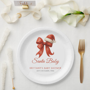 Elegant Santa Baby Shower Red Bow Christmas Paper Plate