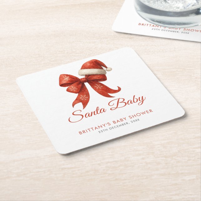 Elegant Santa Baby Shower Red Bow Christmas Square Paper Coaster (Angled)