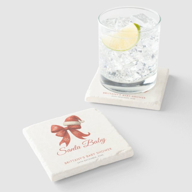 Elegant Santa Baby Shower Red Bow Christmas Stone Coaster (Side)