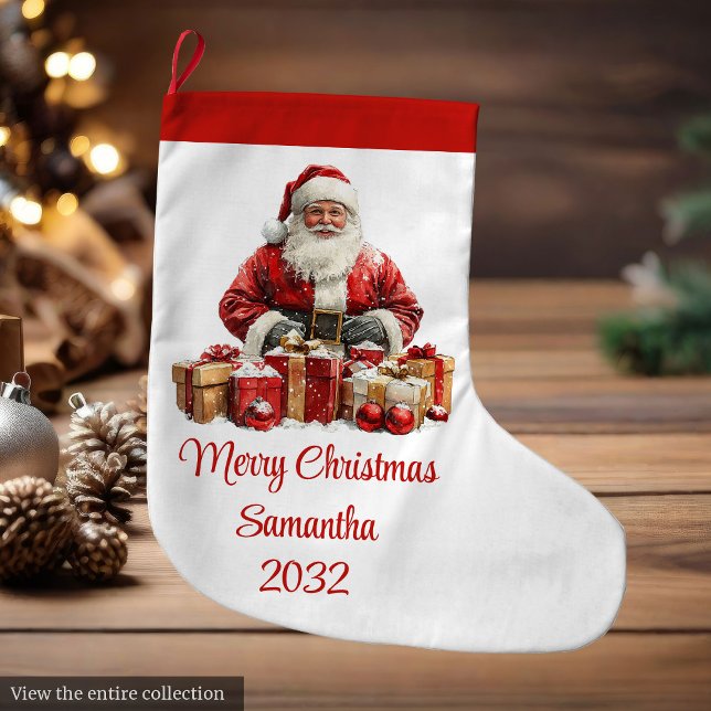 Elegant Santa Claus Minimalist Cozy Christmas   Large Christmas Stocking (Elegant Santa Claus Minimalist Cozy Christmas Stocking)