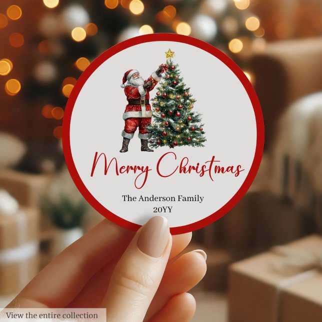 Elegant Santa Claus Red White Script Font Holiday  Classic Round Sticker (Santa Claus Christmas stickers in red white, rustic, and vintage festive style.)