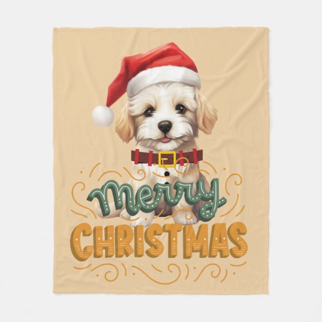 Elegant Santa dog Merry Christmas Retro Mustard Fleece Blanket (Front)