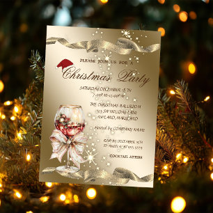 Elegant,Santa Hat,Wine Glass Christmas Party Invitation