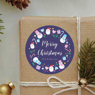 Elegant Santa Snowman Candy Cane Christmas Wreath Classic Round Sticker