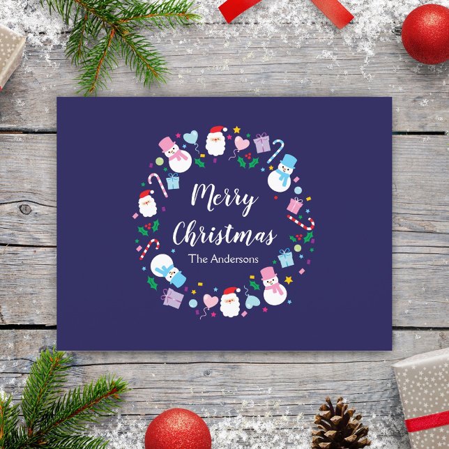 Elegant Santa Snowman Candy Cane Christmas Wreath Holiday Postcard (Creator Uploaded)