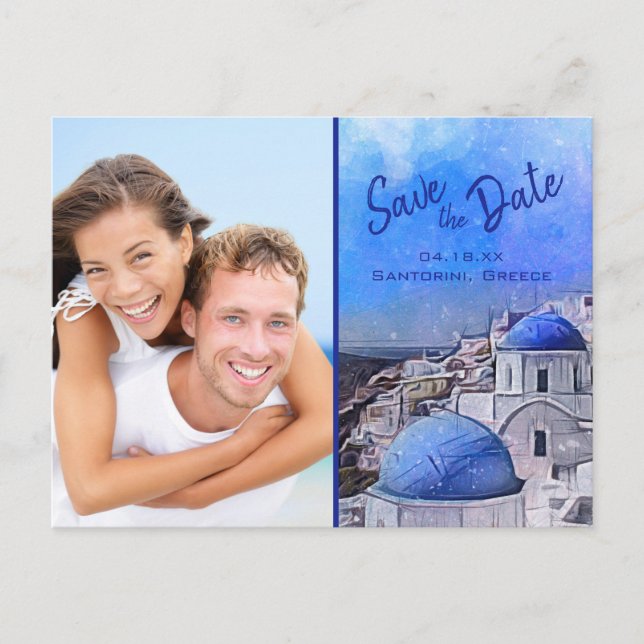 Elegant Santorini Greece Watercolor Photo Wedding Announcement Postcard (Front)