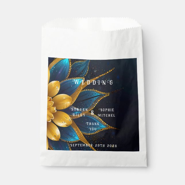 Elegant Sapphire and Gold Floral Wedding Favour Bags (Front)