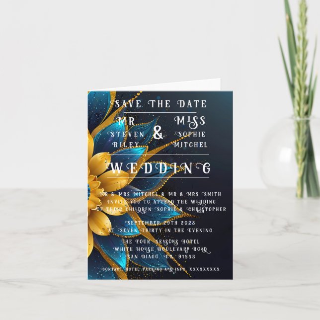 Elegant Sapphire and Gold Floral Wedding  Invitation (Front)