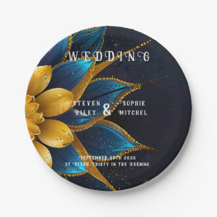 Elegant Sapphire and Gold Floral Wedding Paper Plate