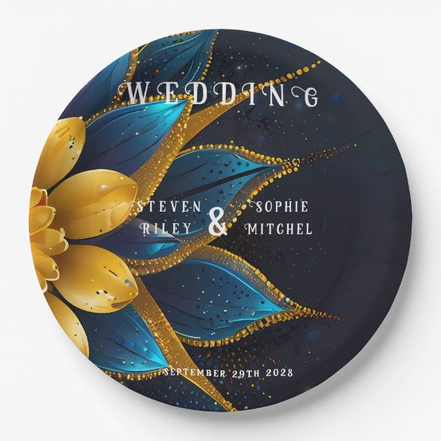 Elegant Sapphire and Gold Floral Wedding Paper Plate (Front)